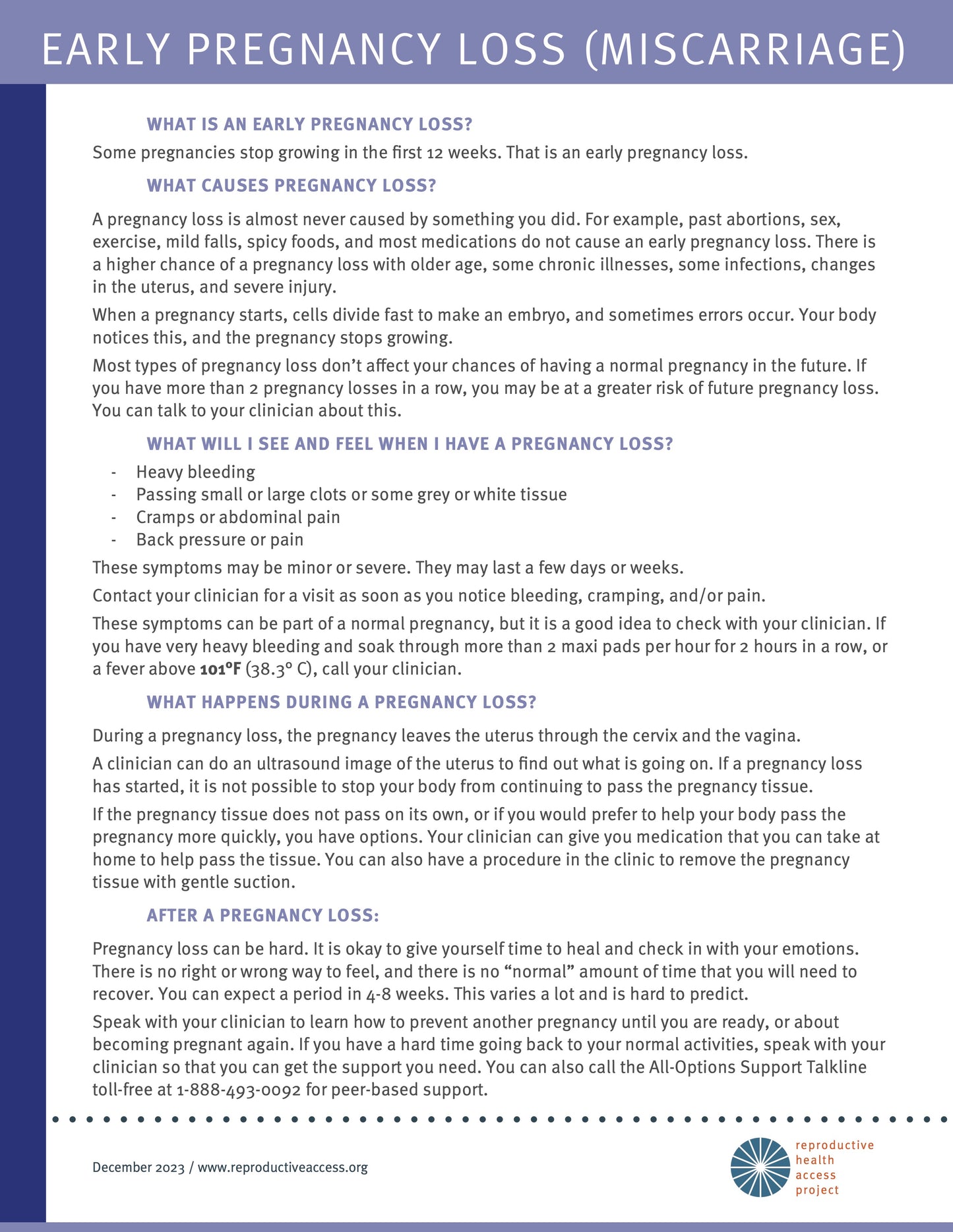 Early Pregnancy Loss (Miscarriage) Pack