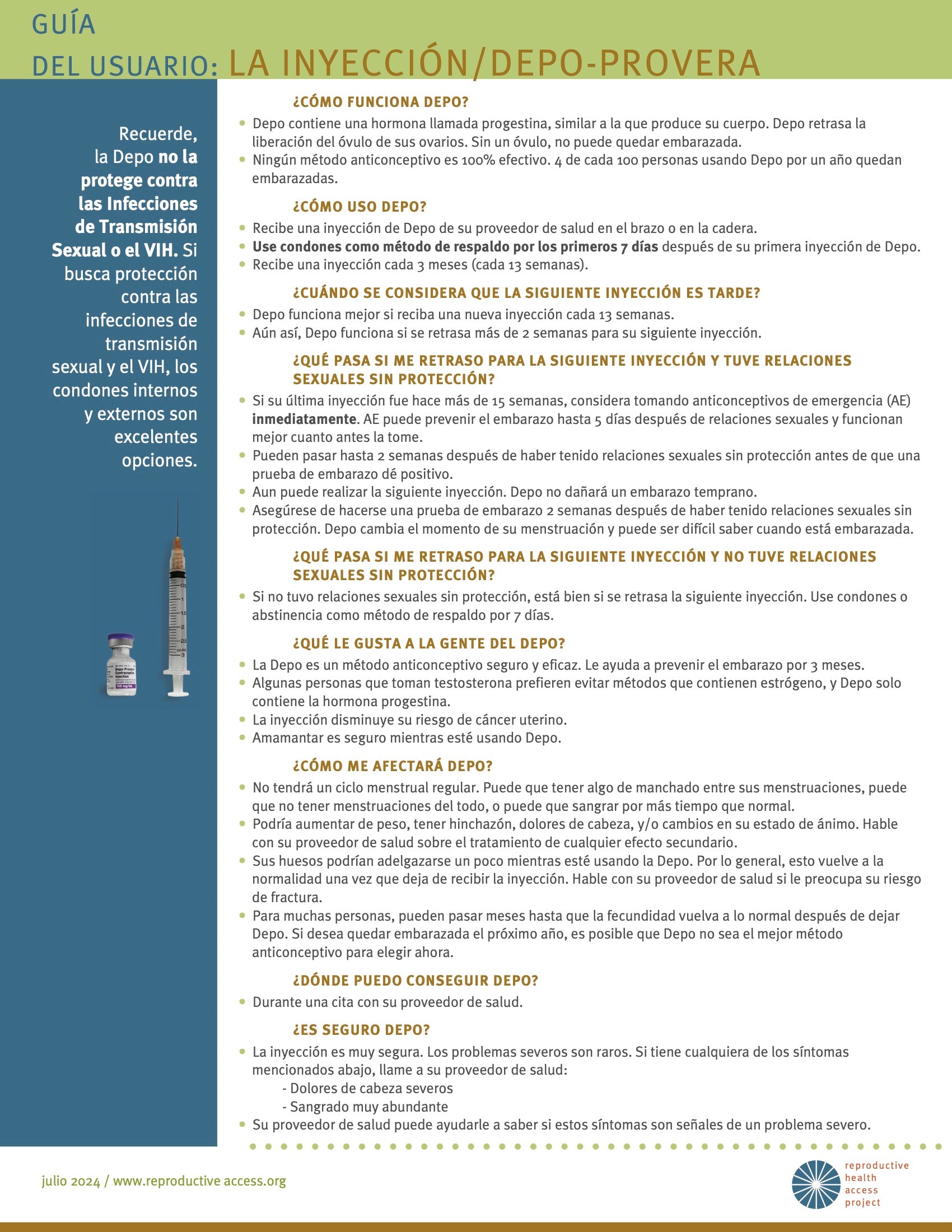 The Shot (Depo Provera) User Guide Reproductive Health Access Project